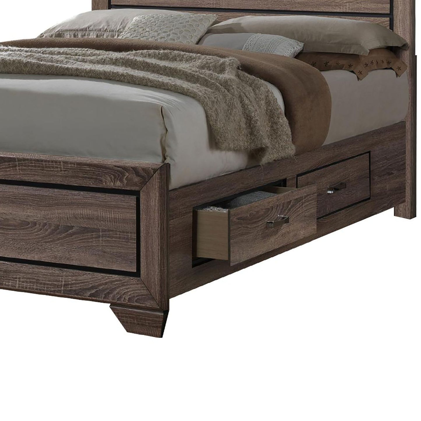 Dark wood queen bed frame with integrated storage drawers and plush bedding