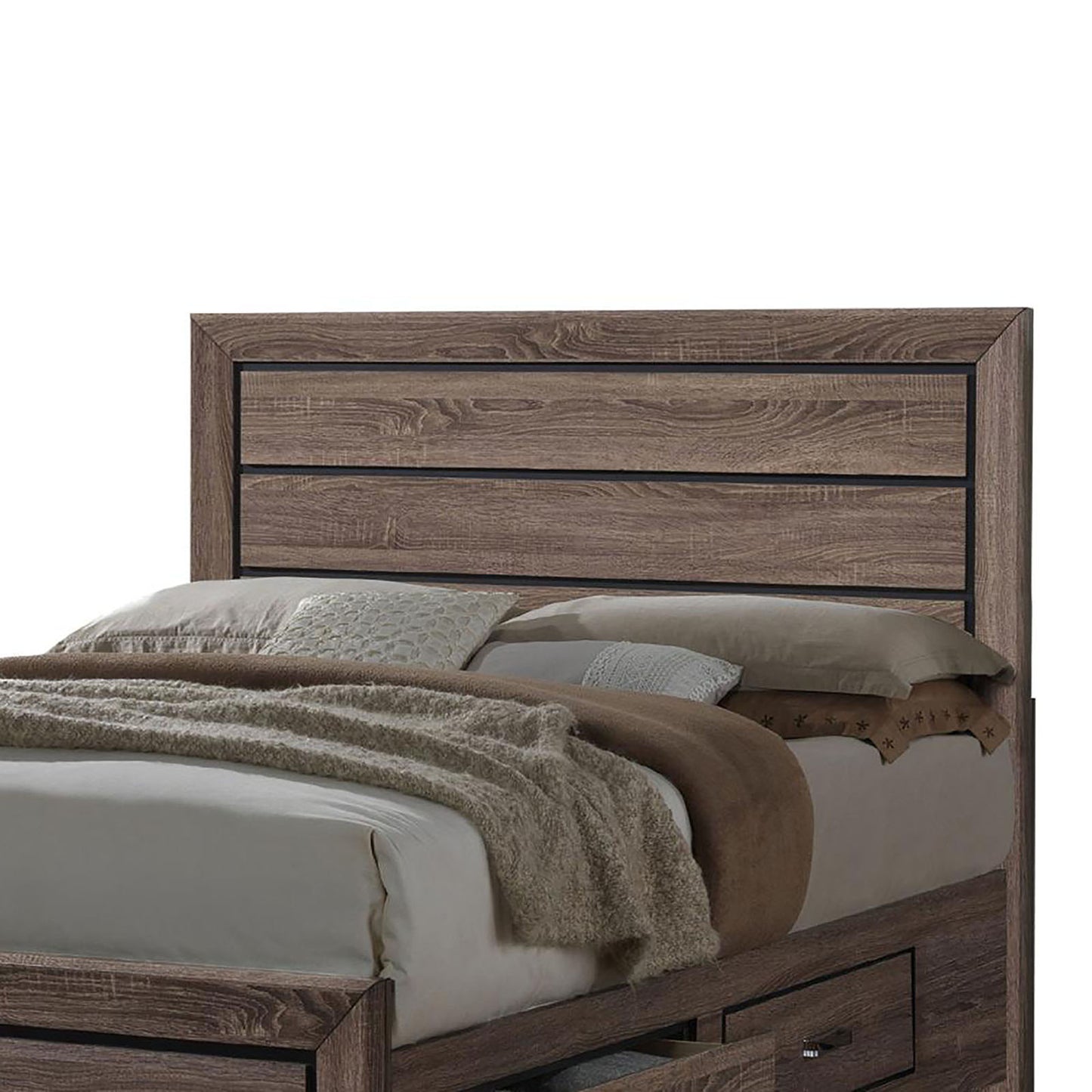 Rustic oak wood headboard with horizontal slats complements this modern queen bed chars