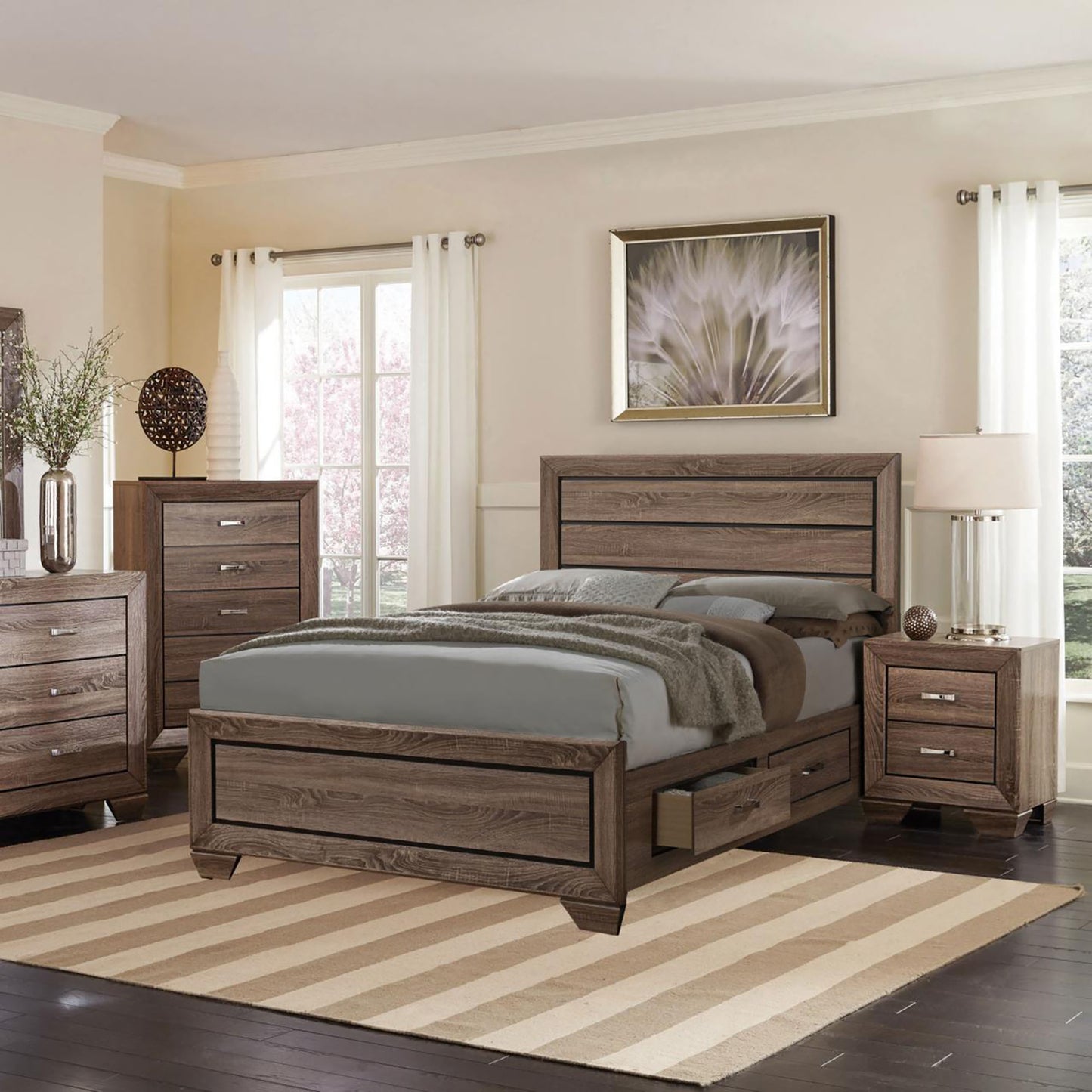 Rustic brown wooden queen bed with storage drawers and matching nightstand