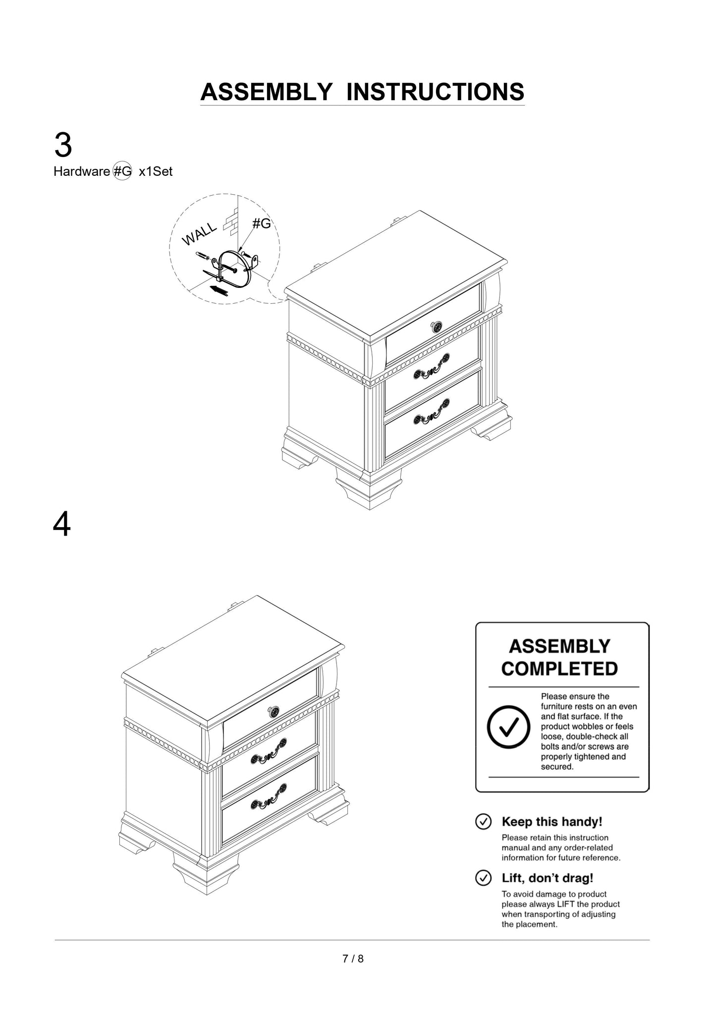 Nightstand hardware G shown essential for assembling this classic bedroom furniture