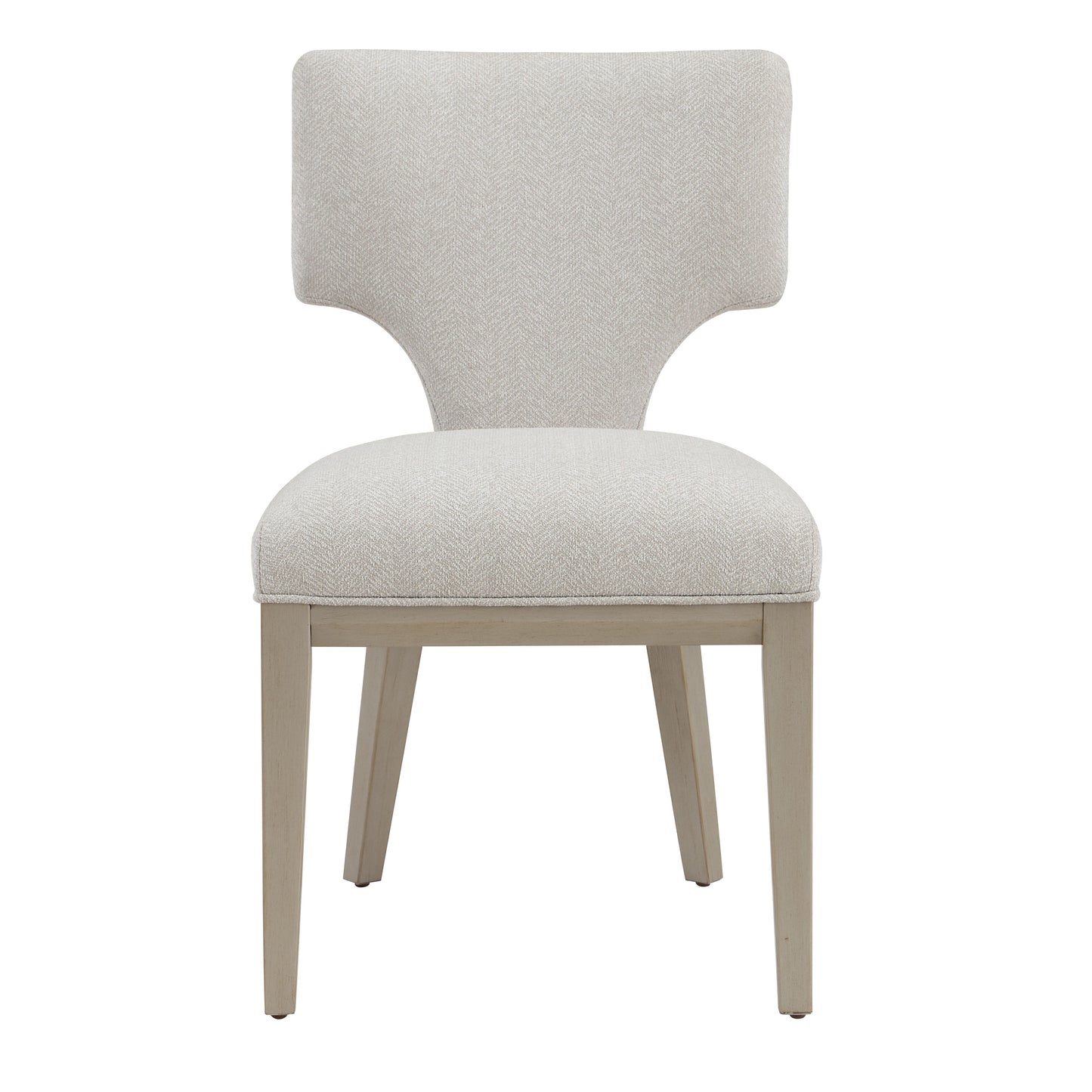 Light beige upholstered dining chair with distinctive curved backrest and subtle herringbone pattern