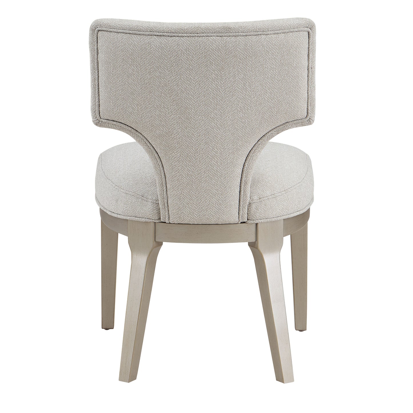 Upholstered accent chair with light grey herringbone fabric and a natural wood finish frame