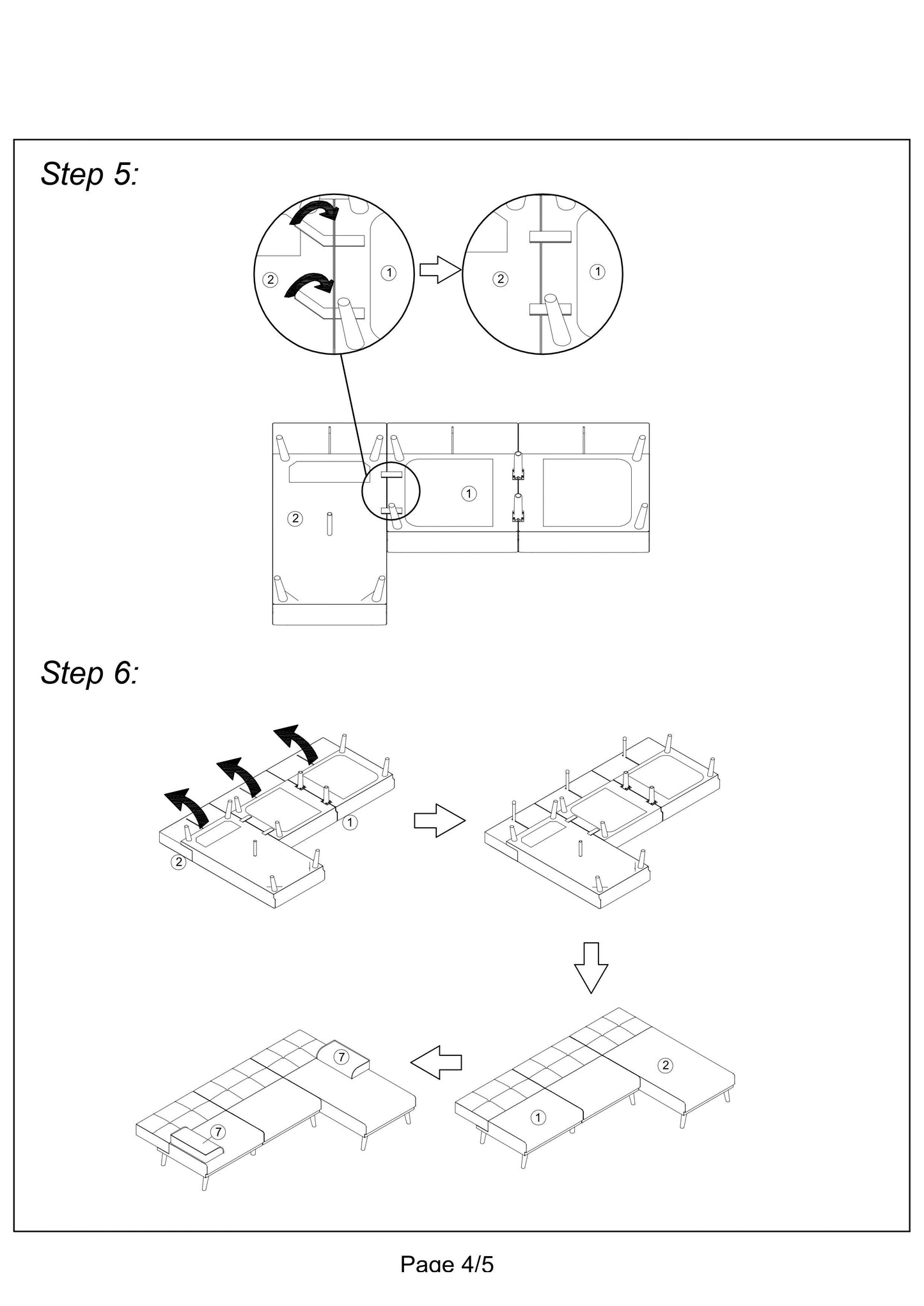 Step illustration shows connecting sofa modules using provided hardware