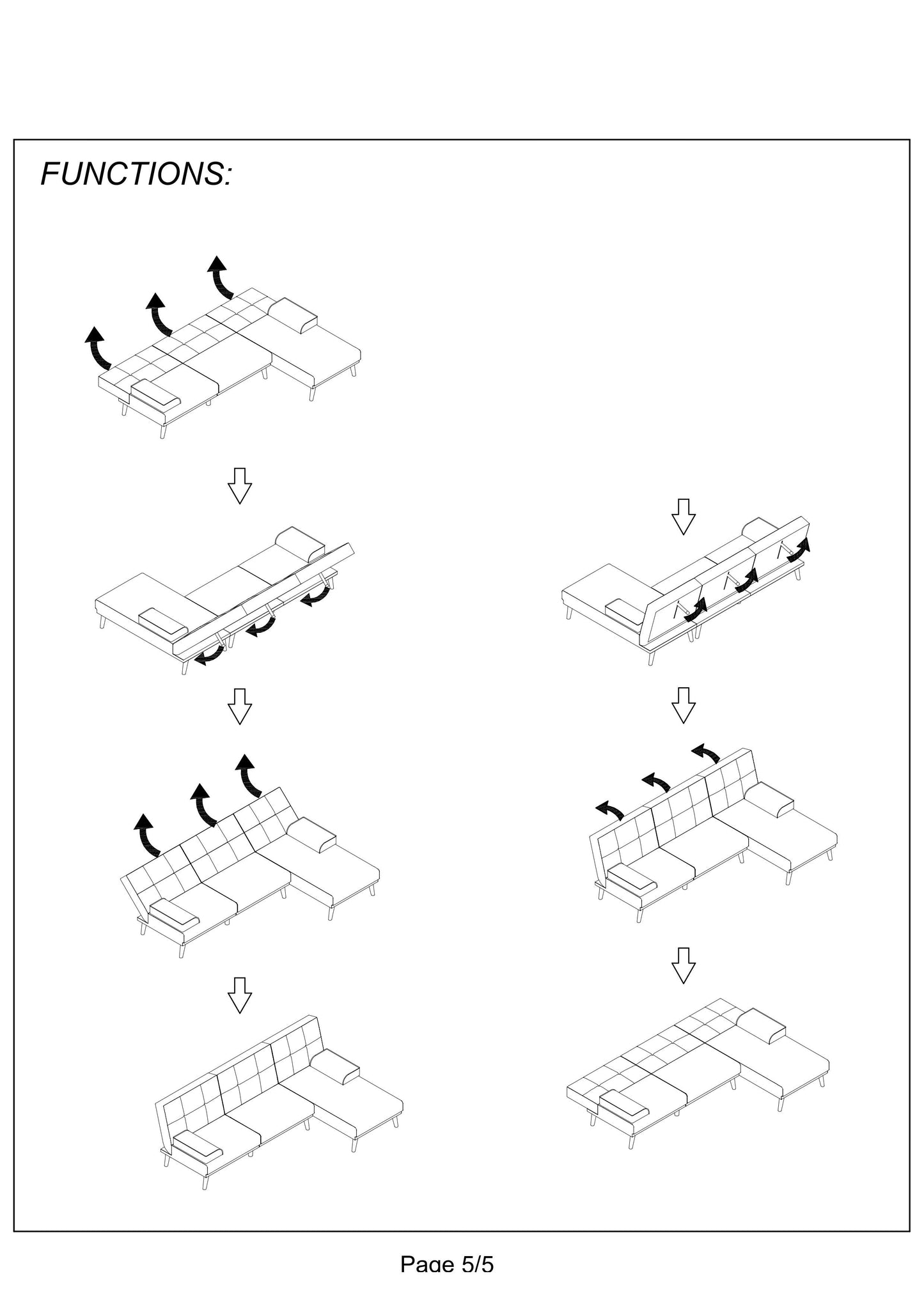 Diagram showing sectional sofa assembly extending chaise with arrows indicating movement