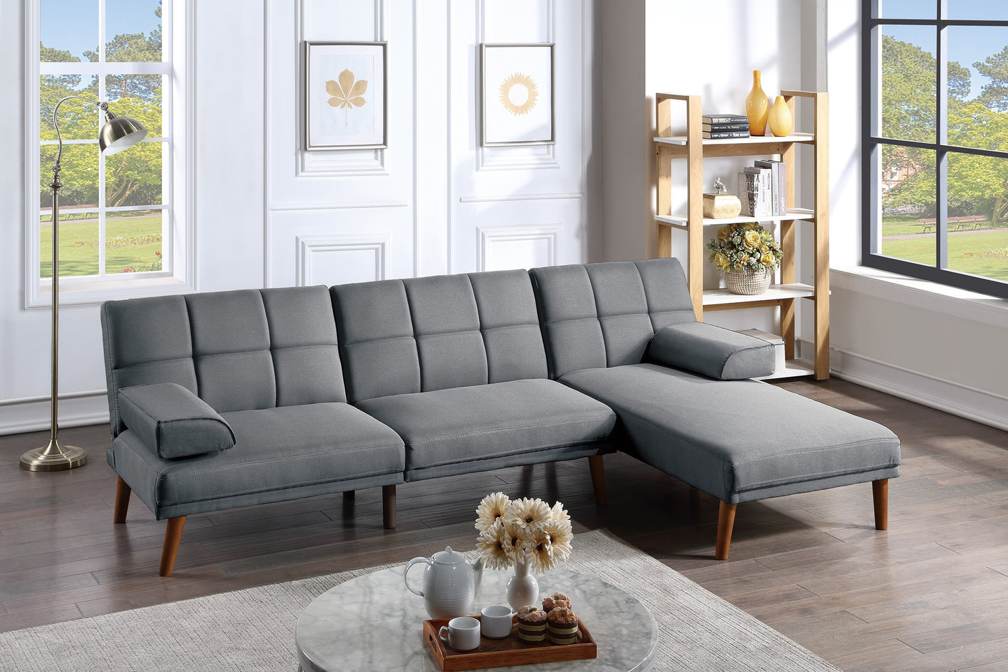 Gray fabric sectional sofa with tufted cushions and wooden legs for modern living rooms