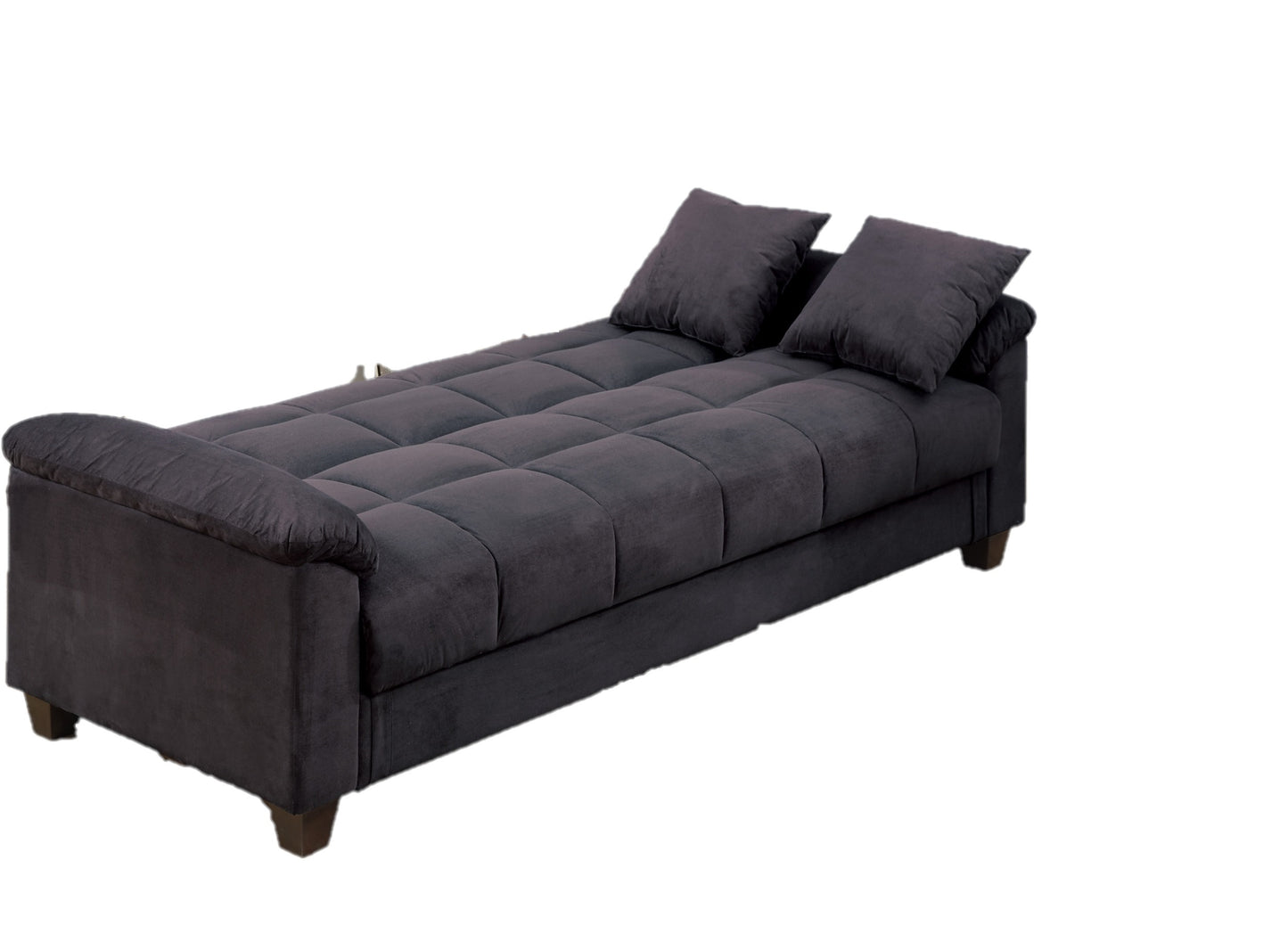 Dark gray tufted sofa bed with two matching throw pillows ideal for small spaces