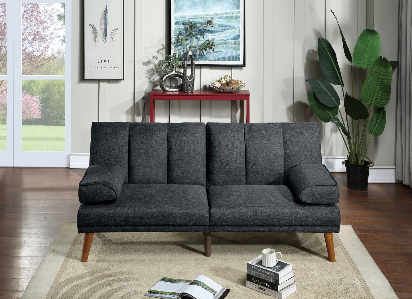 Dark gray linen futon sofa with wooden legs perfect for small apartments