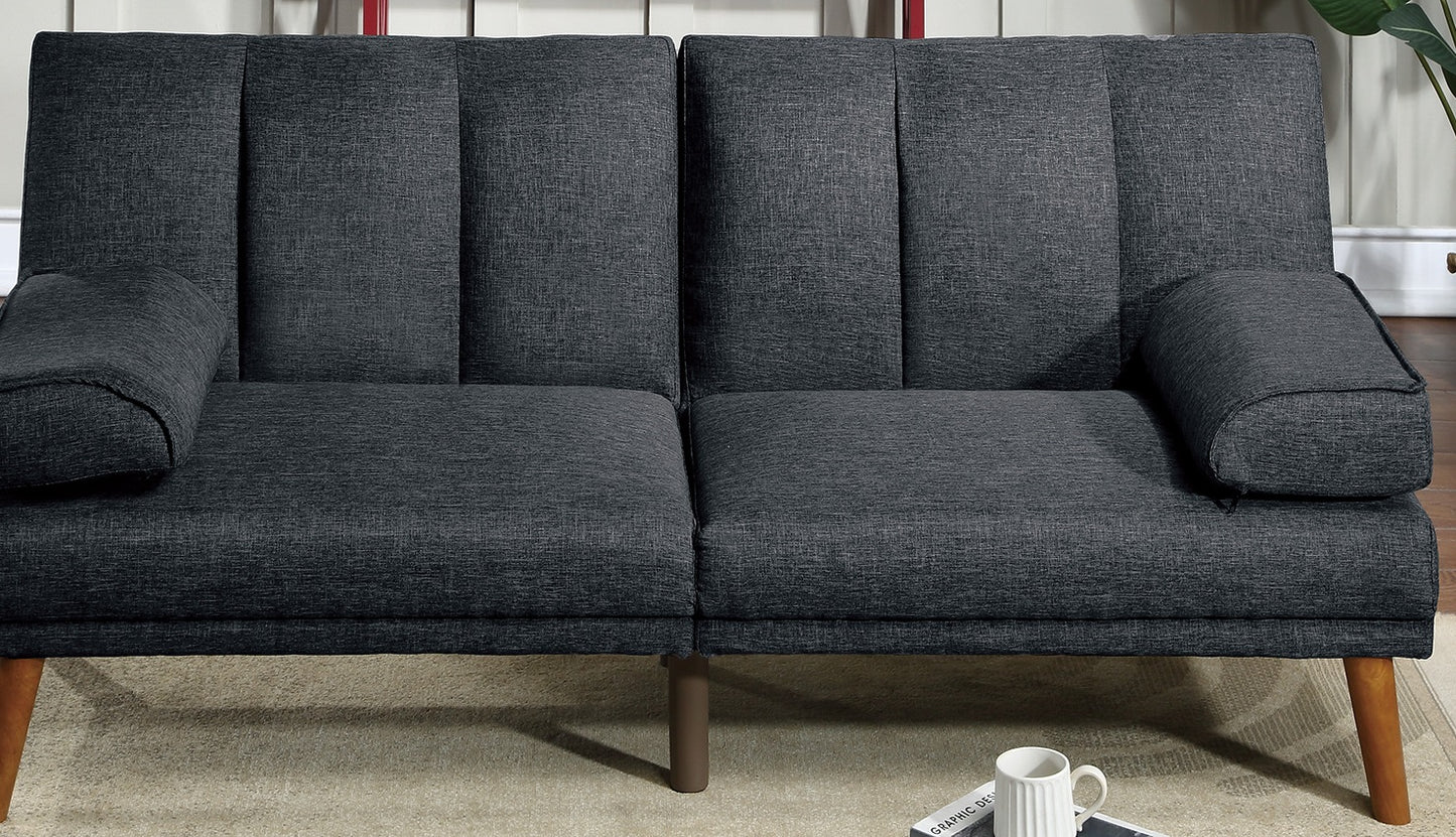 Dark gray upholstered loveseat sofa with channel tufting and wooden legs