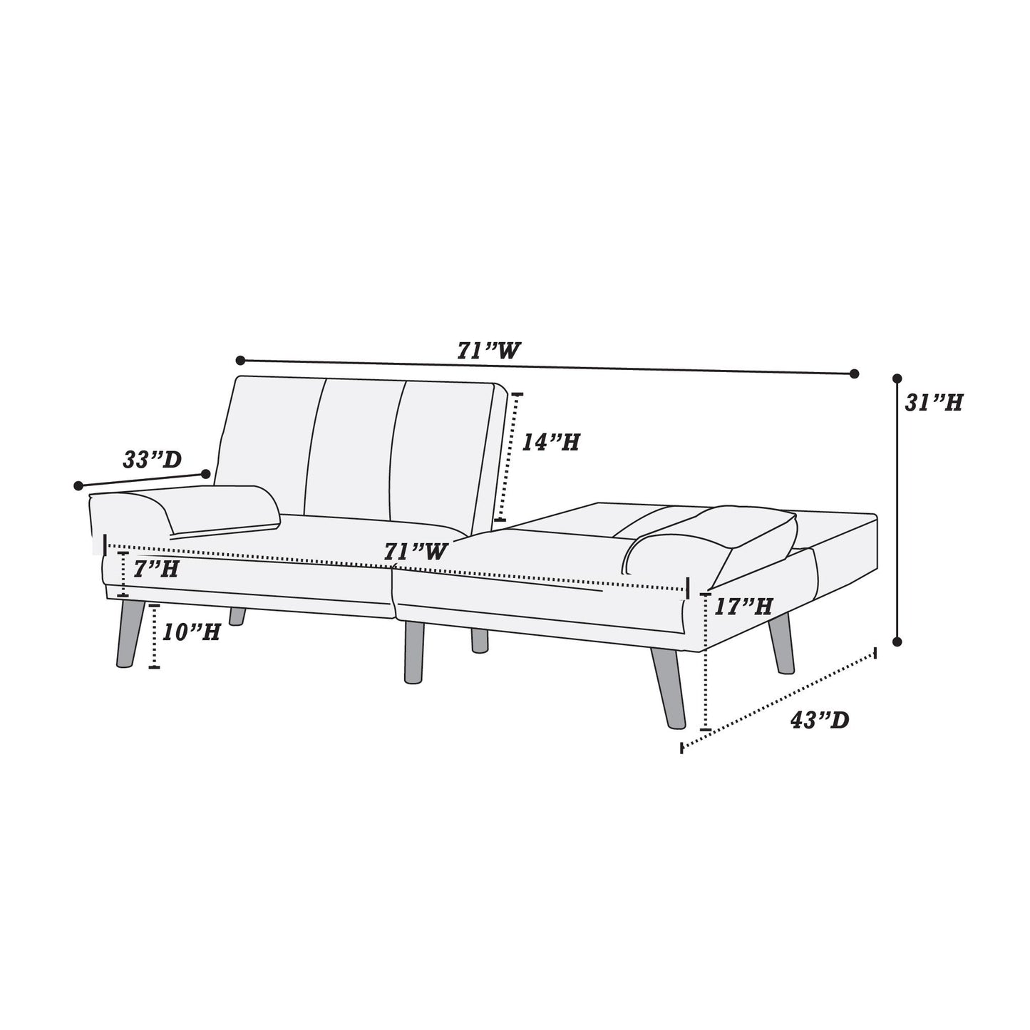Diagram showing a W modern sofa bed with chaise dimensions clearly labeled