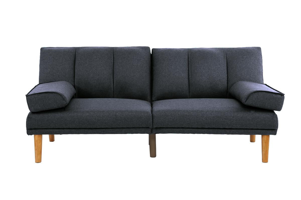Dark gray fabric sofa with plush cushions and wooden legs perfect for modern living rooms