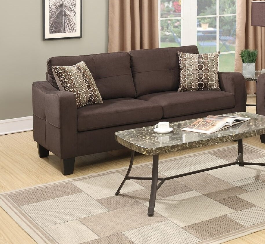 Rich brown fabric loveseat with decorative throw pillows for living room comfort