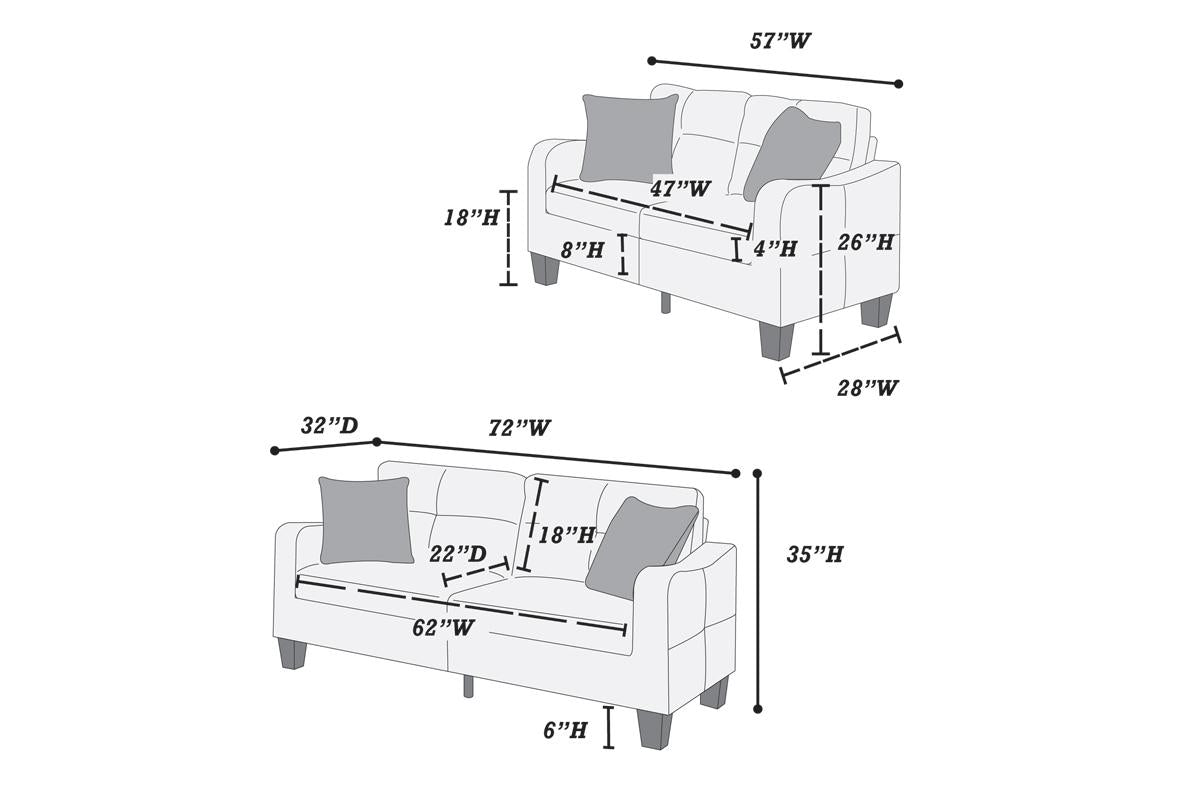 Diagram showing a W x H loveseat with H seat height and W seat width