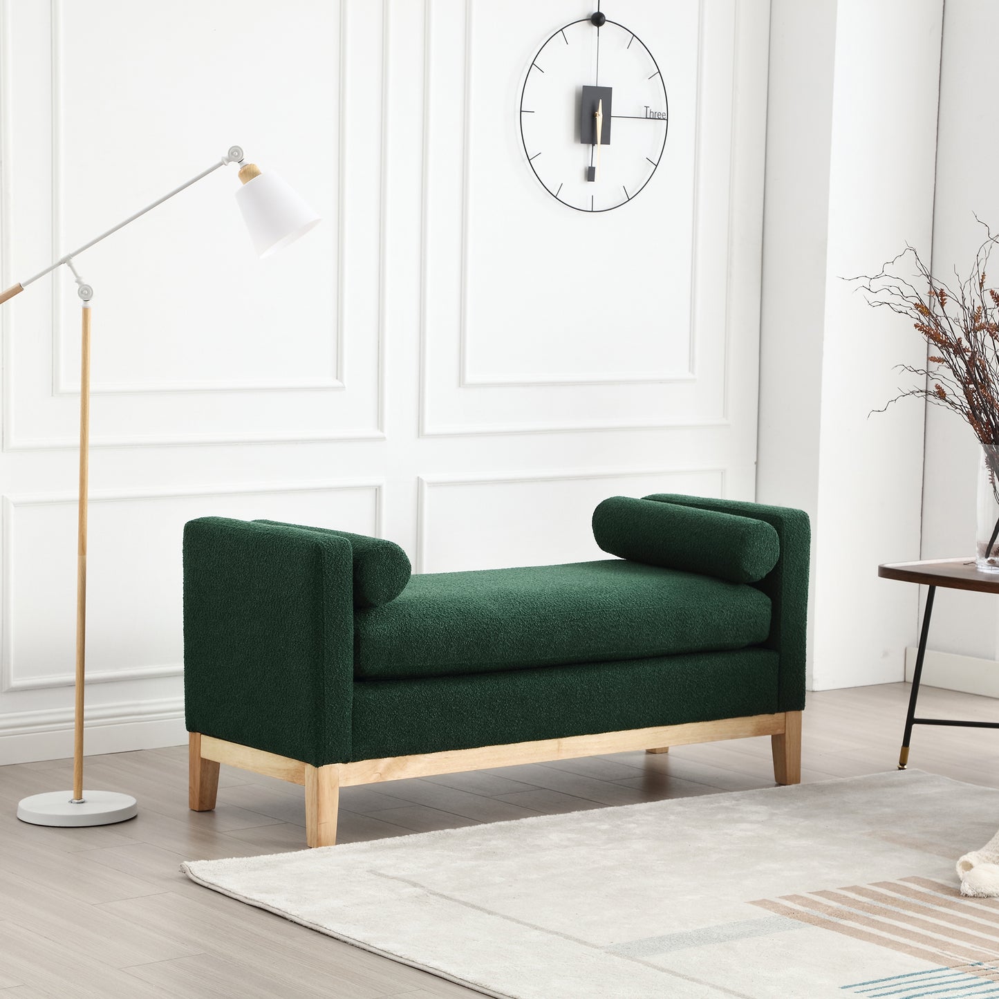 Emerald green boucle accent bench with wooden legs and rolled arms