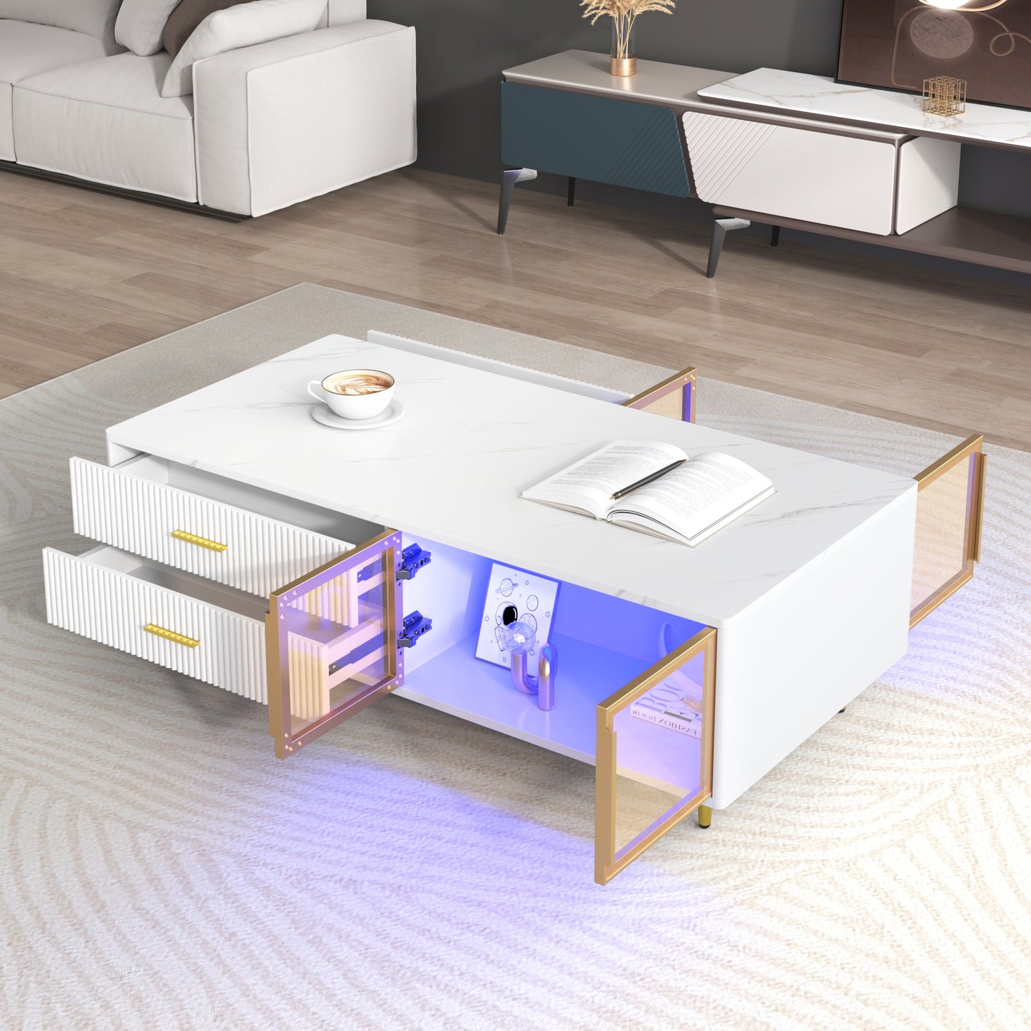Modern white marble coffee table with LED lighting and gold accents