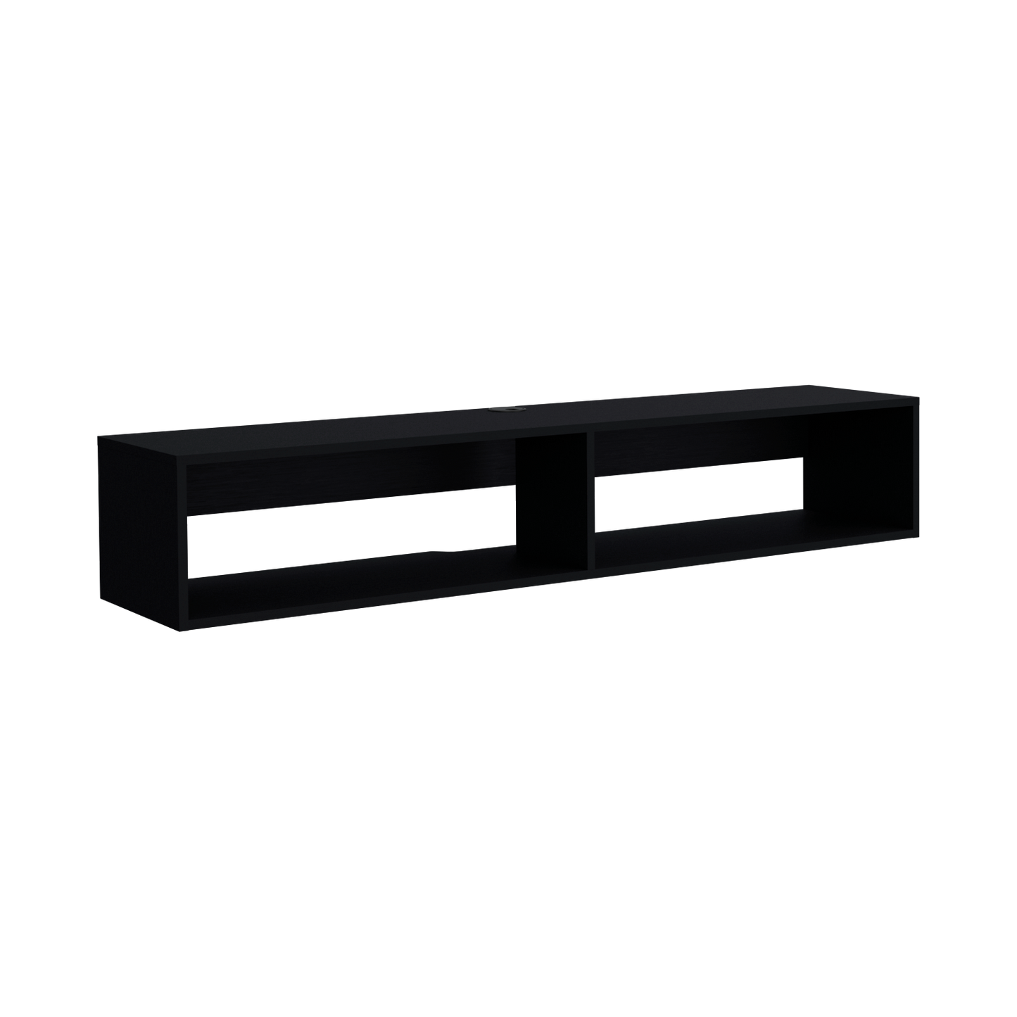 Sleek black wallmounted TV stand with two open shelves for media devices