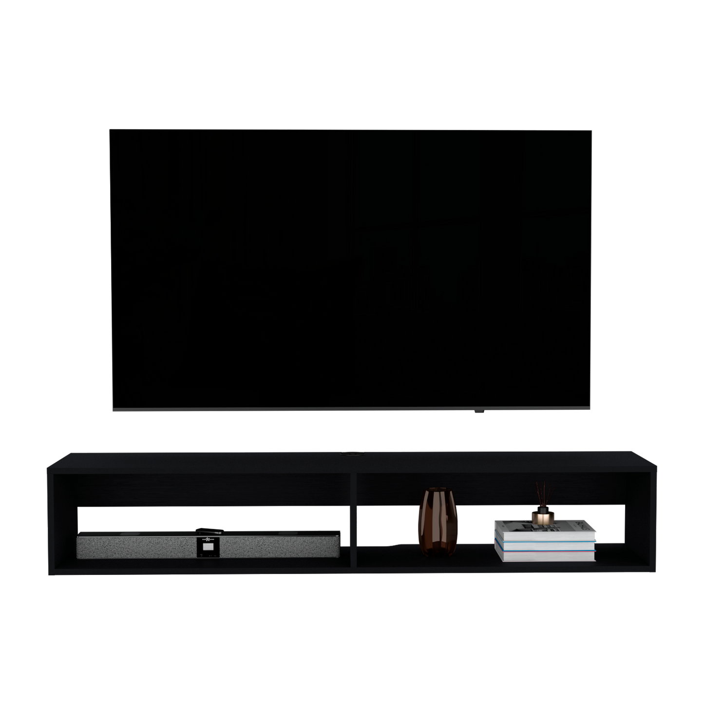 Sleek black media console with integrated soundbar decorative vase and books