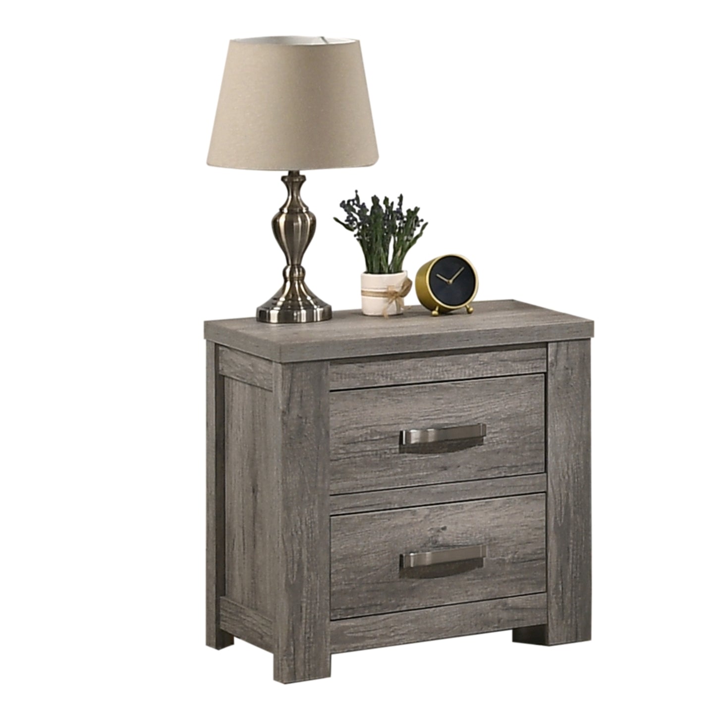 Rustic gray wood twodrawer nightstand with brushed nickel hardware a desk lamp and decor
