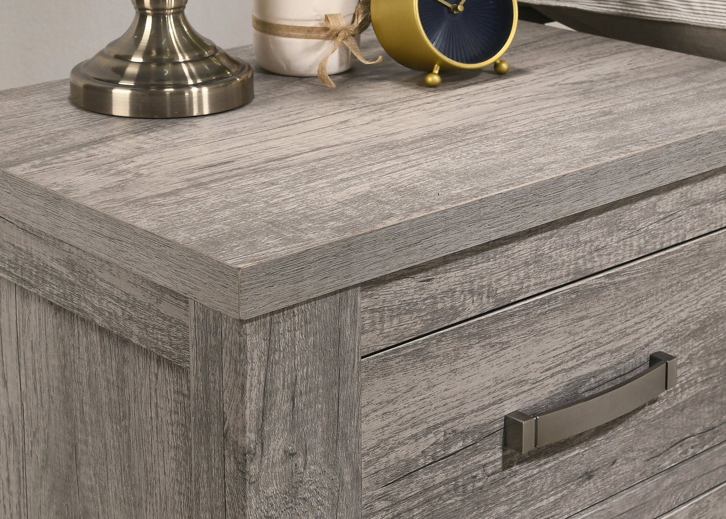 Rustic grey wood finish nightstand with one drawer and silver handle