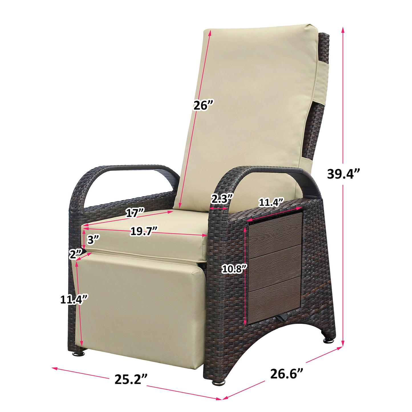 Brown wicker recliner chair with beige cushions featuring side storage panel