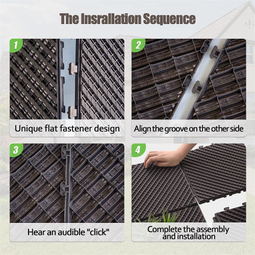 Closeup of interlocking patio tiles with unique flat fastener design