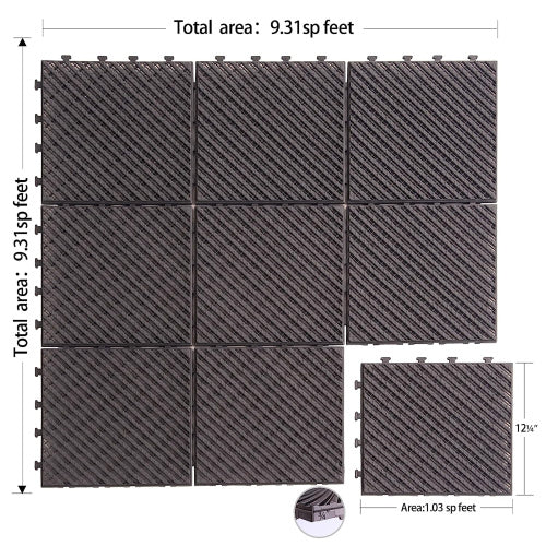 Dark grey interlocking floor tiles with ribbed texture covering sq ft