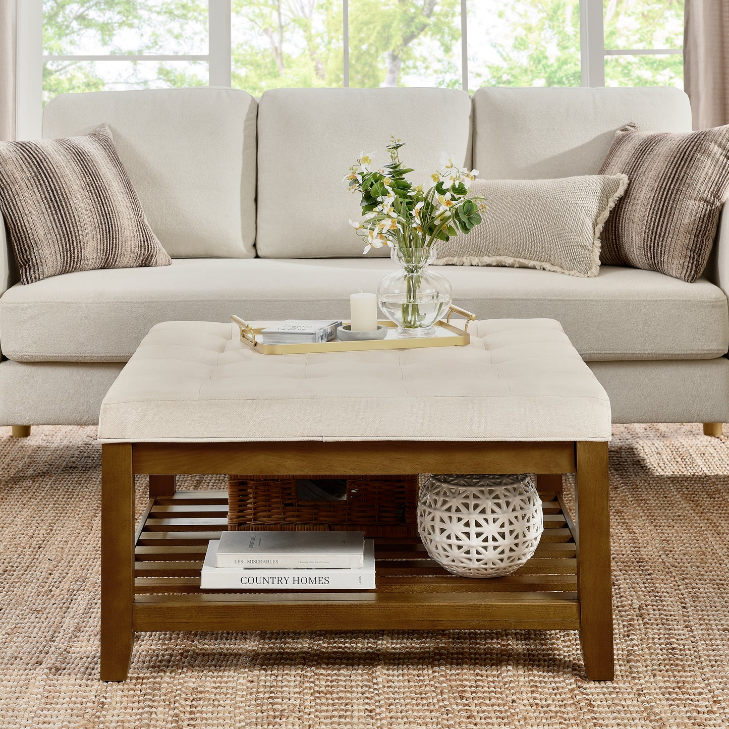 Tufted linen storage ottoman with wooden frame coffee table alternative