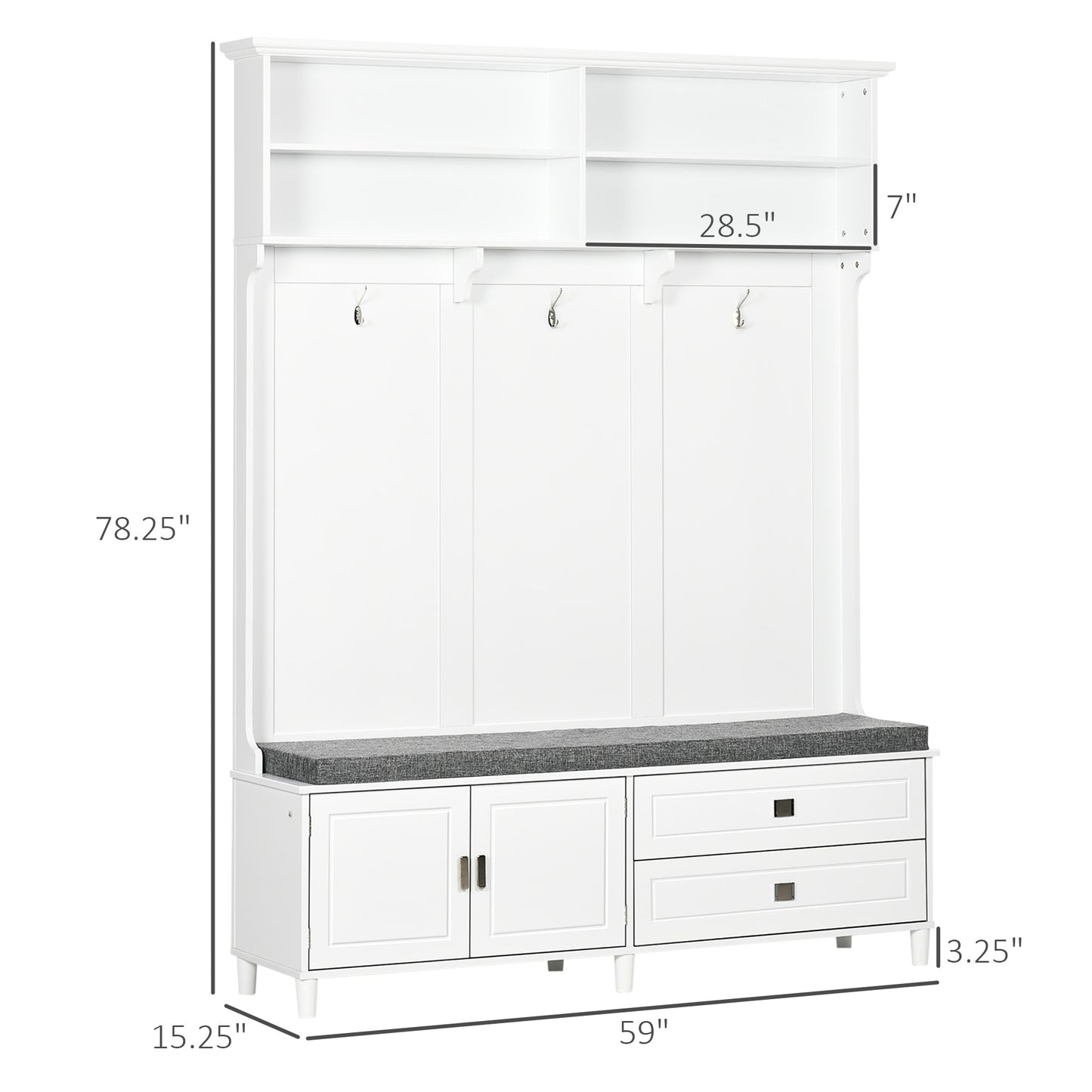 White entryway bench with coat rack and storage shelves