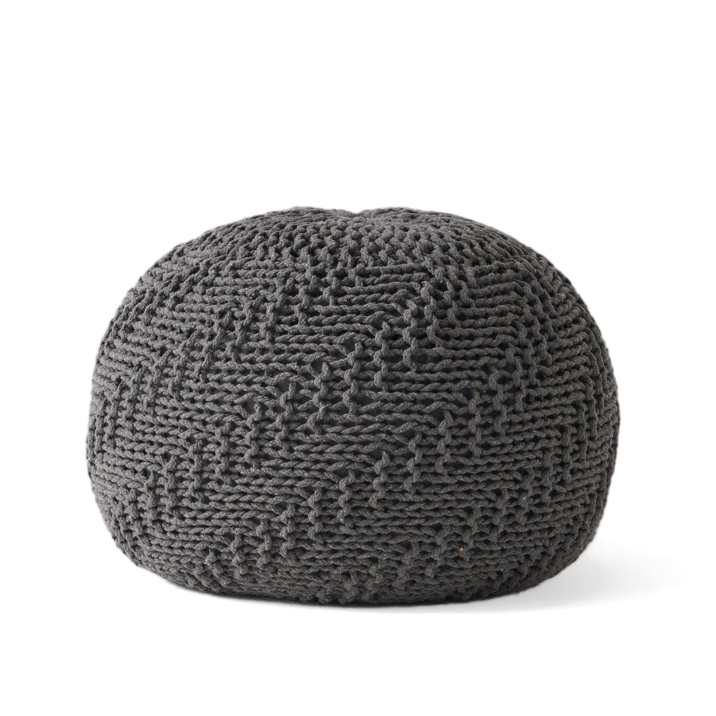 Dark grey knitted pouf with an intricate woven pattern