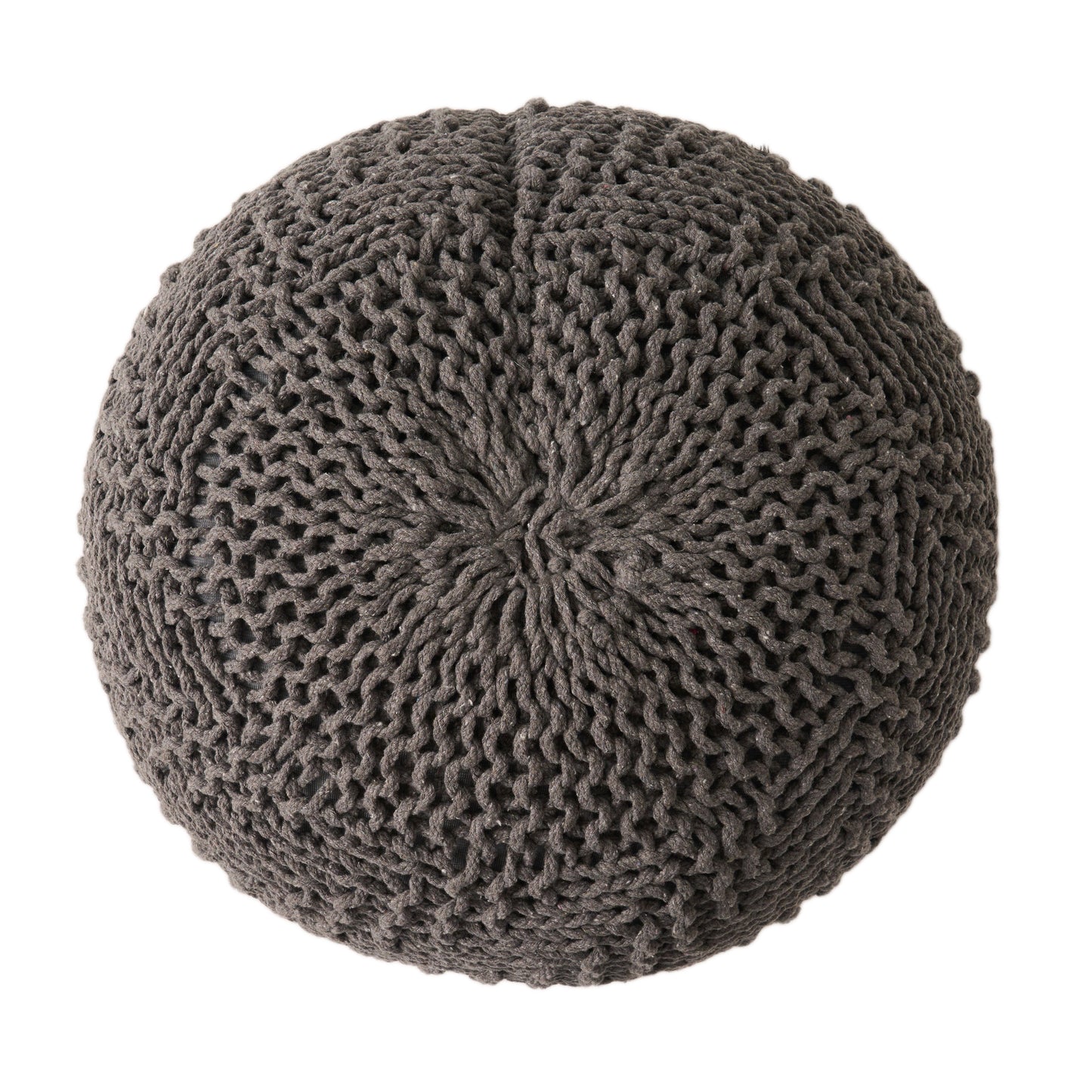 Dark grey knitted floor pouf with chunky yarn texture perfect for adding cozy seating