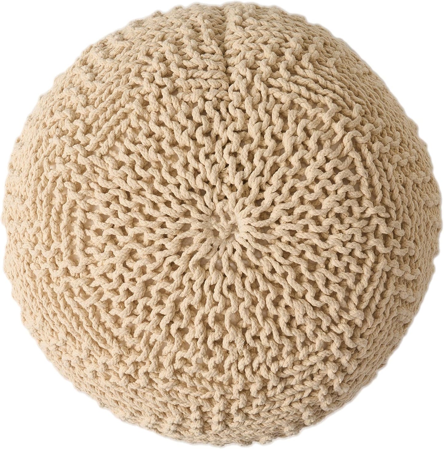 Round beige knit pouf with textured openweave detail
