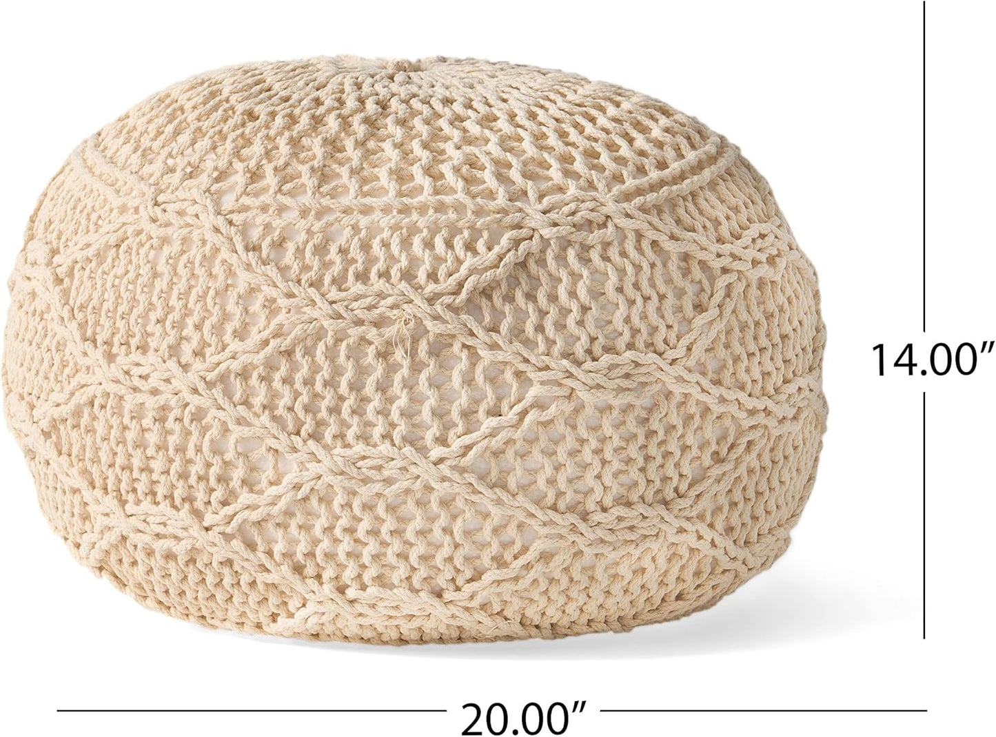 Round woven pouf in natural beige crafted from chunky yarn with diamond stitch pattern