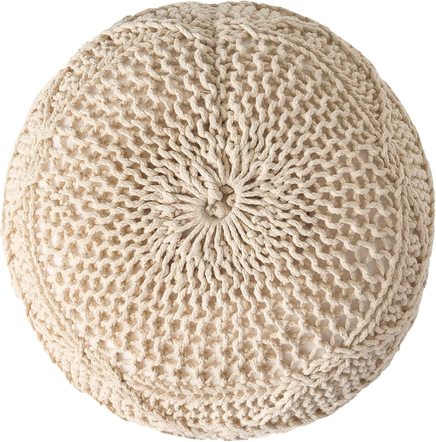 Cream macrame pouf with intricate netlike stitching perfect for bohemian decor