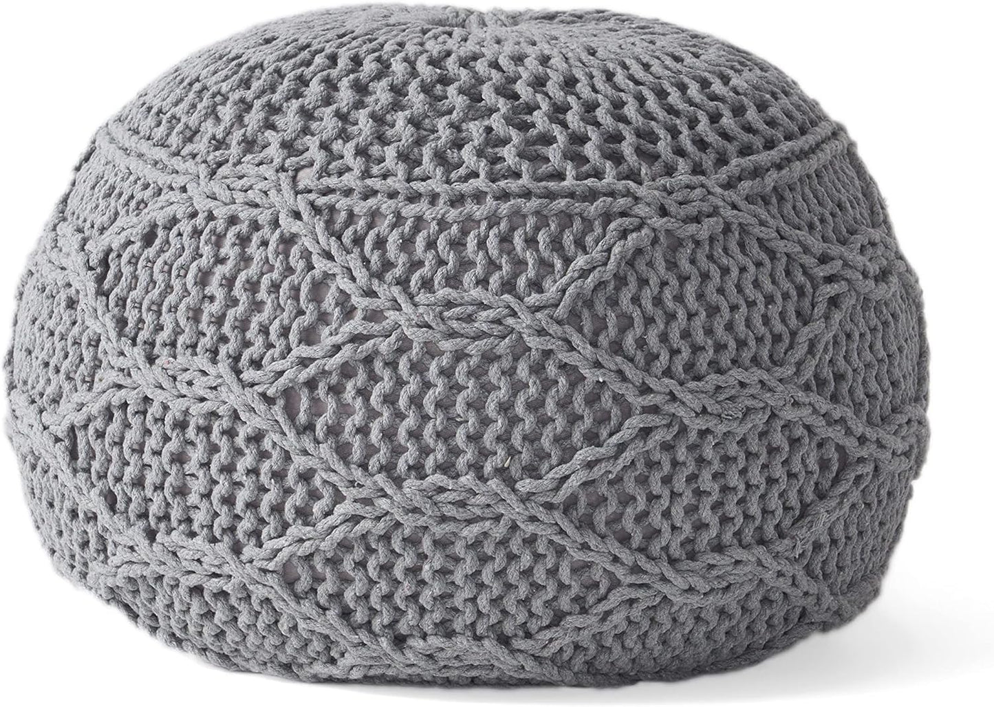 Grey knitted pouf with diamond pattern for footrest or casual seating