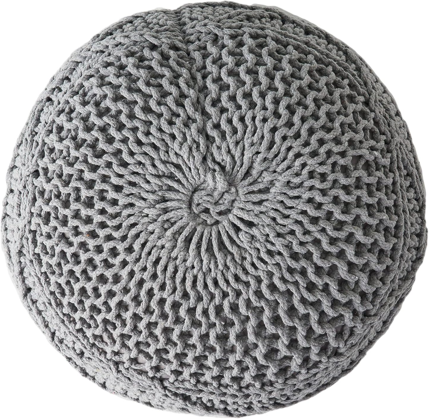 Textured grey knit pouf with a circular woven pattern for stylish footrest