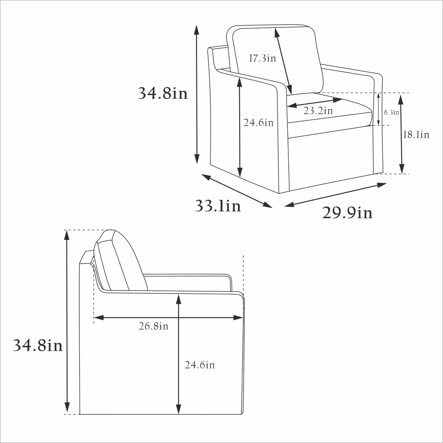 Line drawing of a modern armchair with dimensions in H x in W x in D for scale