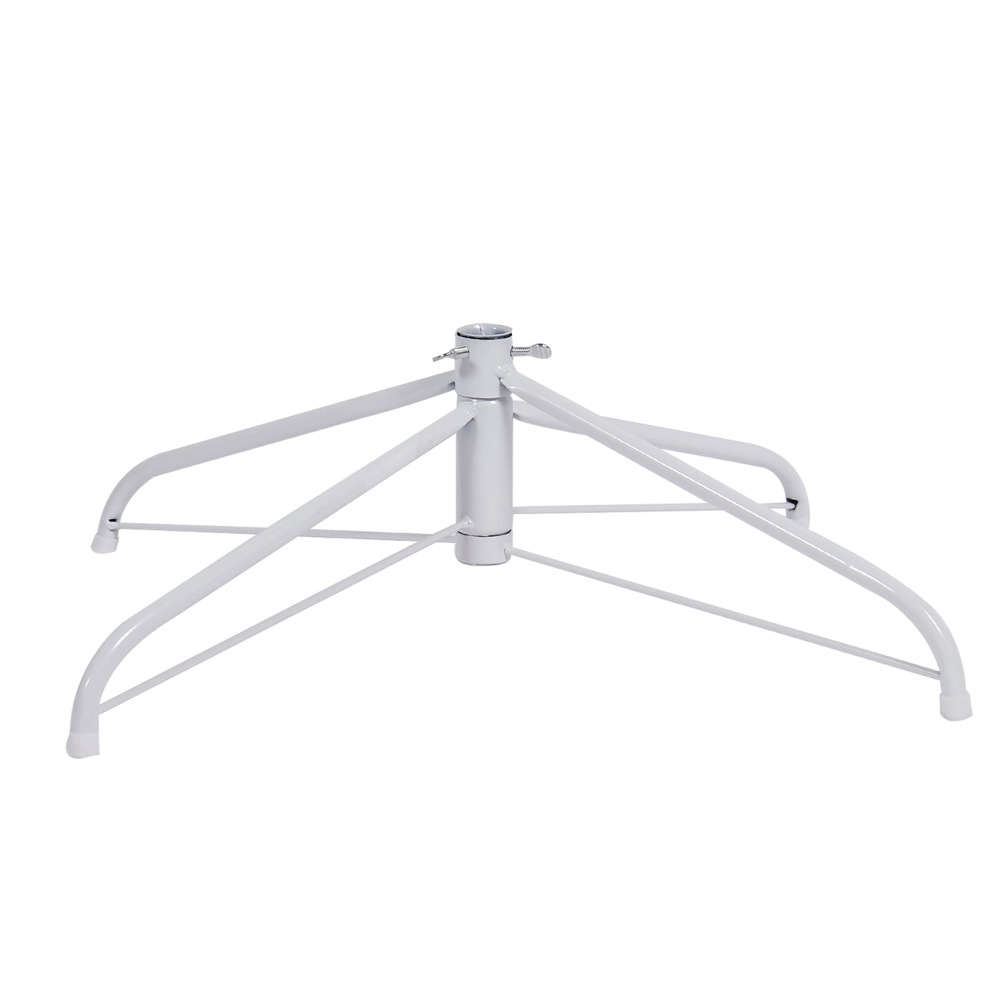 White metal Christmas tree stand with foldable legs and locking screws