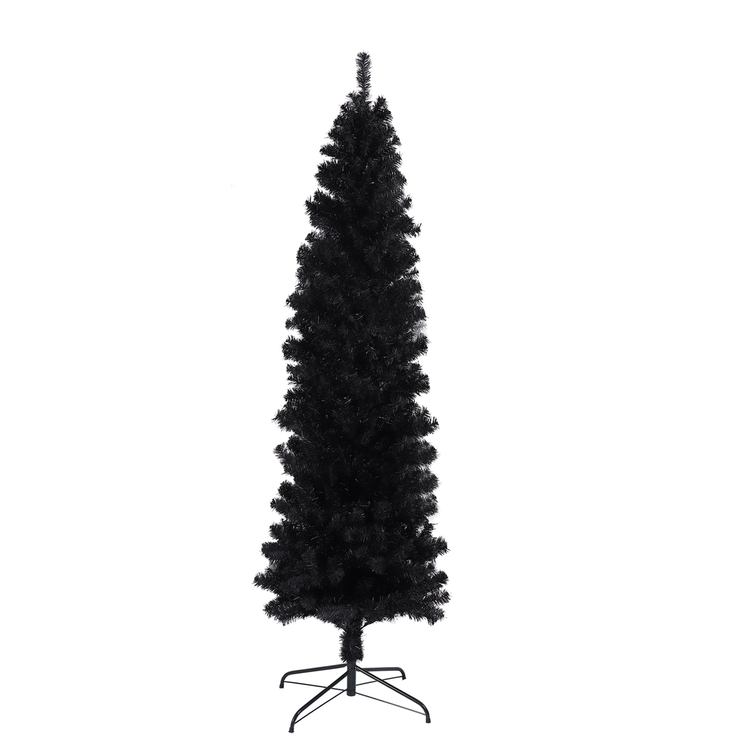 Tall slender artificial black Christmas tree with metal stand ideal for modern holiday decor