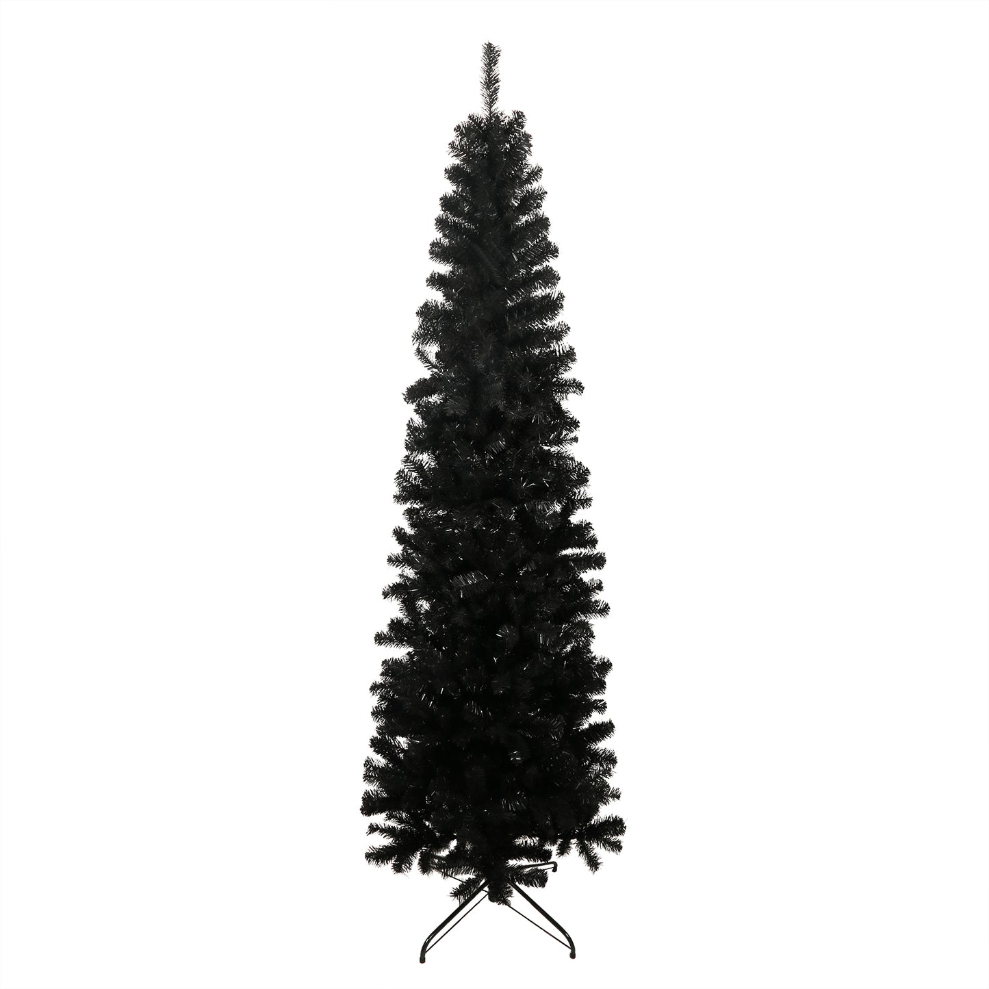 Black artificial Christmas tree with a slender profile and metal stand