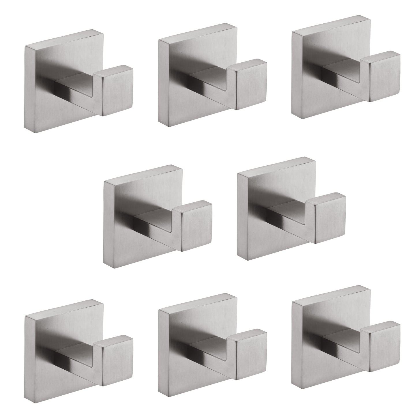 Set of eight brushed nickel wall hooks with modern square base and angled hook