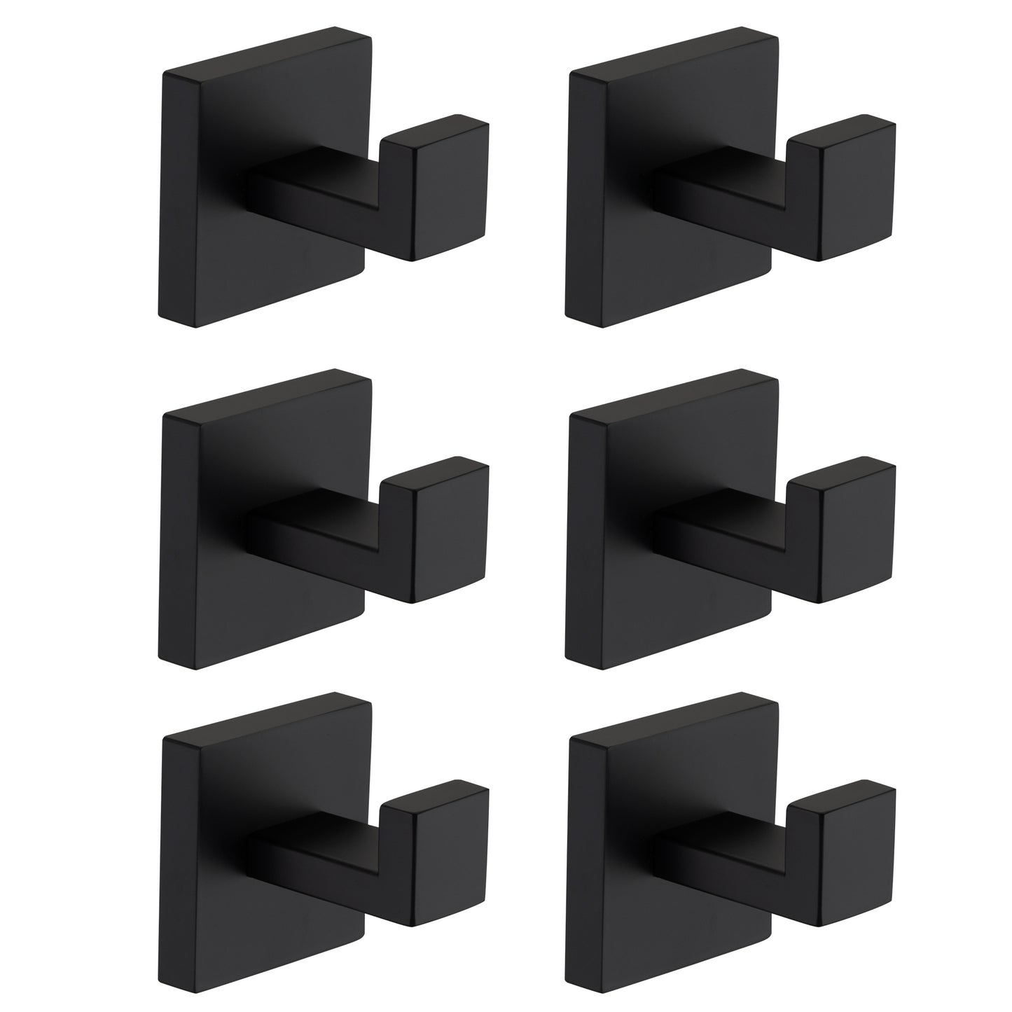 Set of six modern black metal wall hooks with square bases