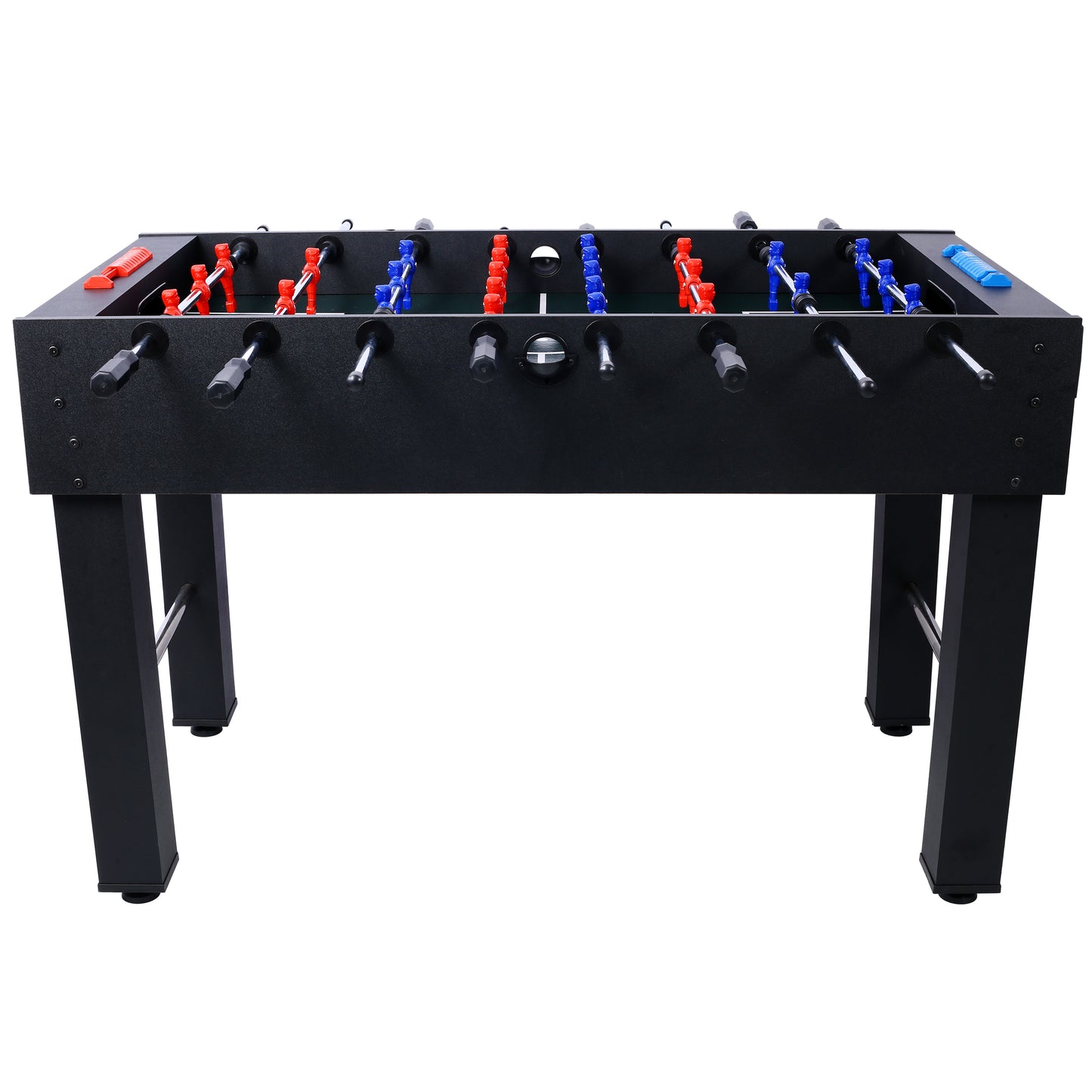 Black foosball table with red and blue player figures metal rods and black handles