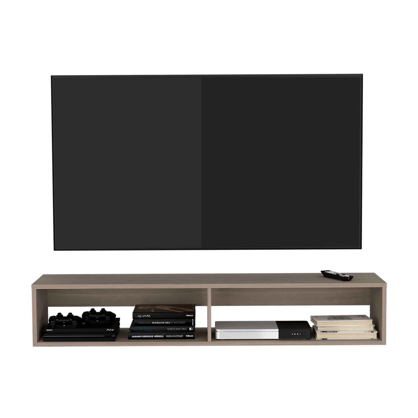 Modern floating entertainment unit in light brown wood finish holds gaming consoles books and a remote
