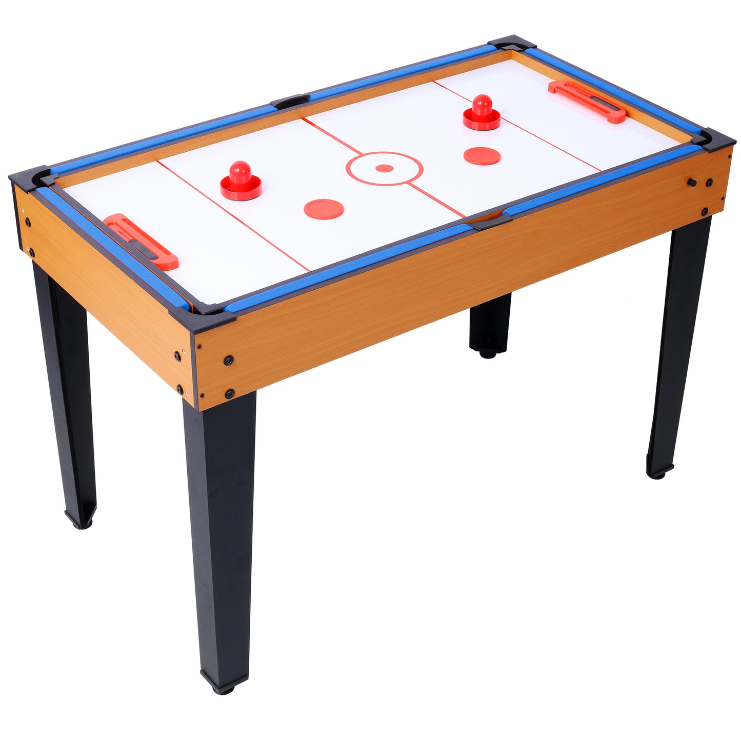 Compact wooden air hockey table with blue trim and two red strikers for family fun
