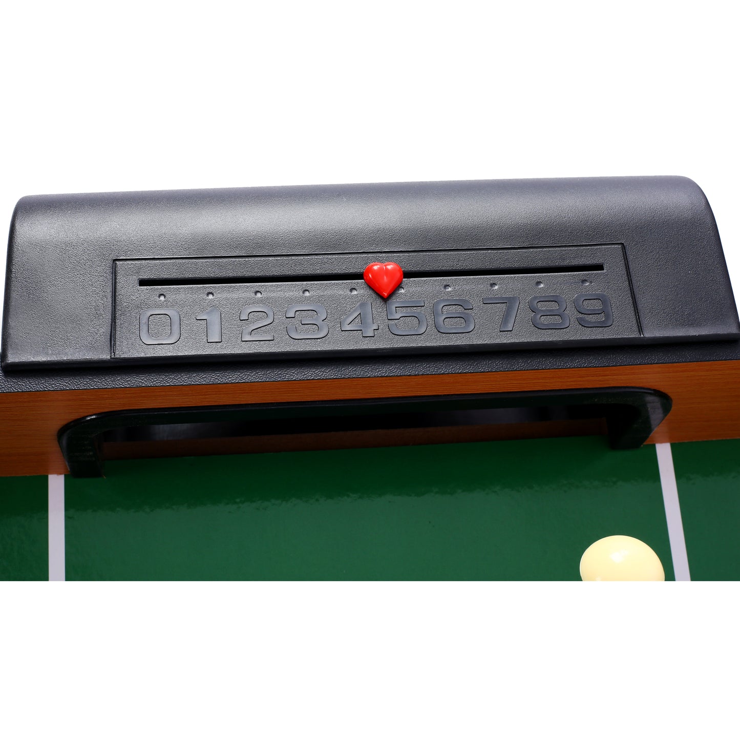 Black scoring counter for a foosball table with numbers and a red heart marker