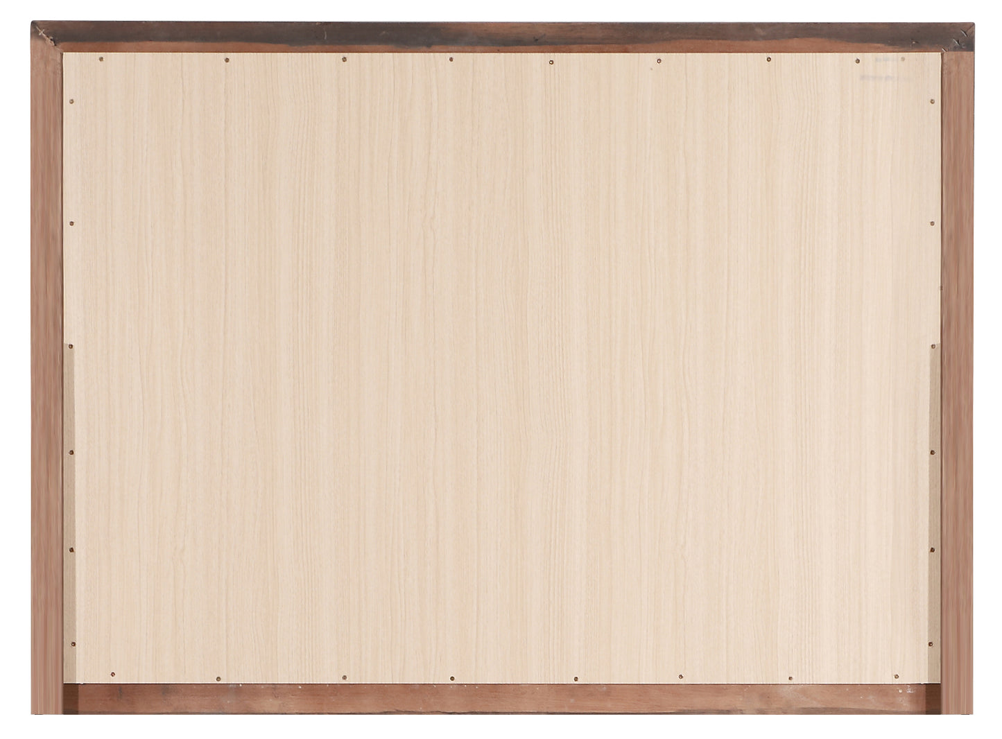 Back panel of a wooden picture frame with light wood grain and metal fasteners