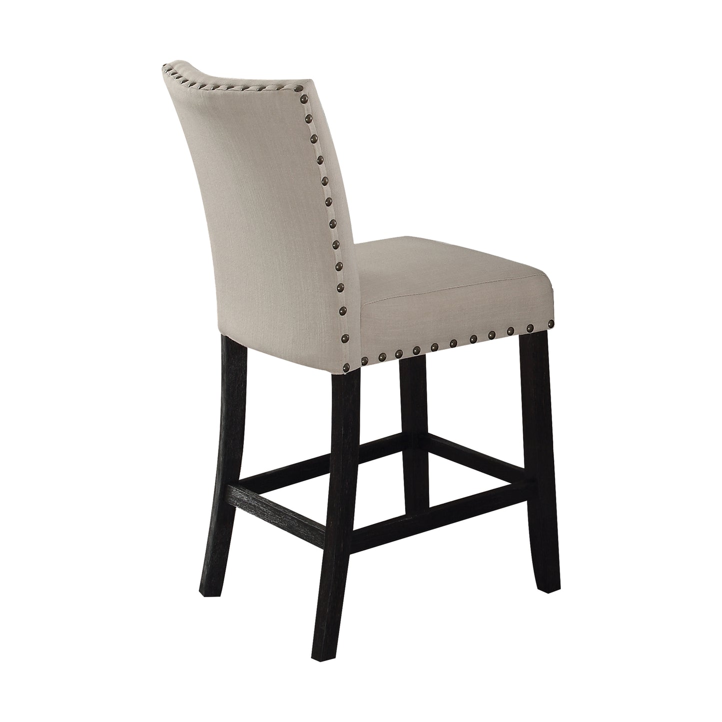 Elegant beige upholstered bar stool with nailhead trim and dark wood legs