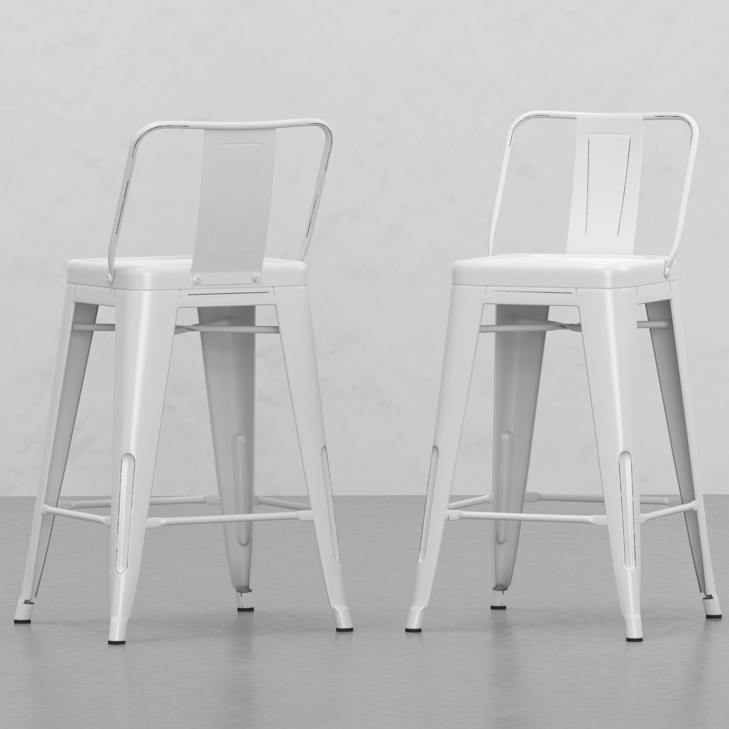 White metal bar stool with a backrest and four legs