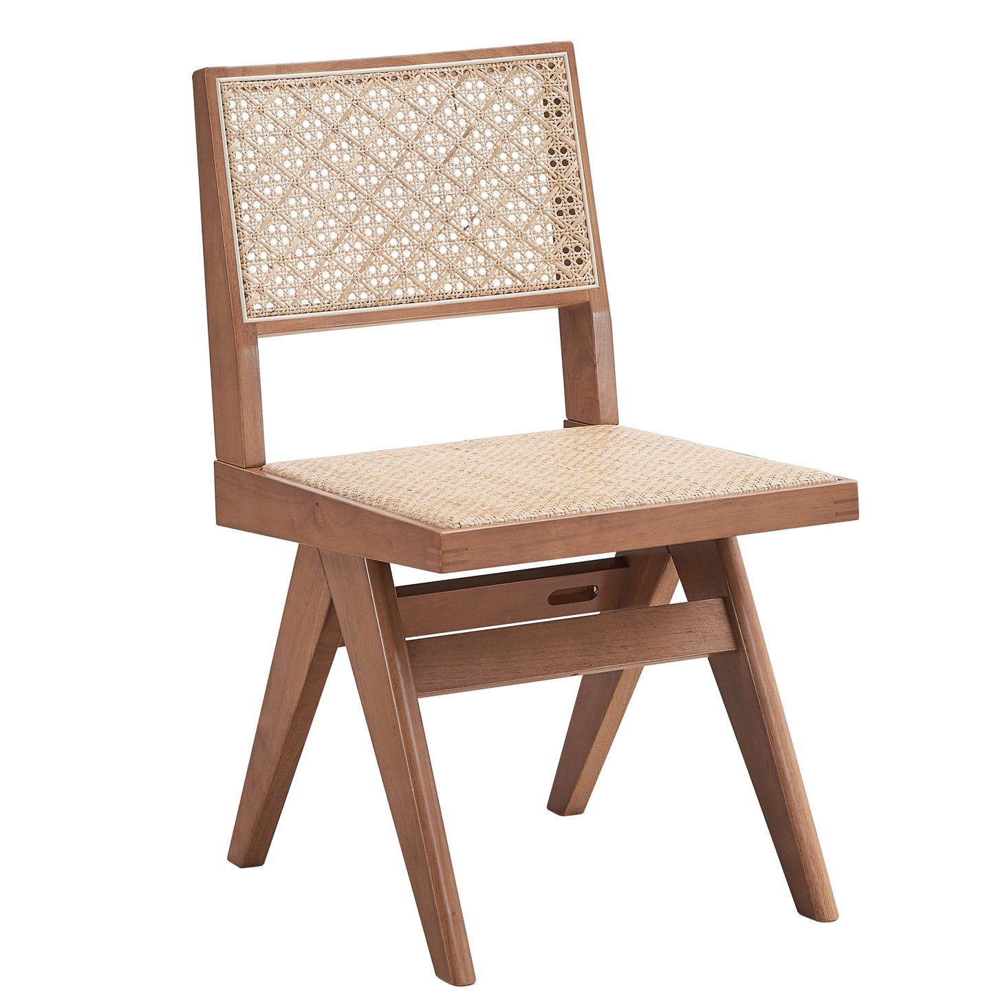Wooden dining chair with intricate natural cane webbing backrest and seat