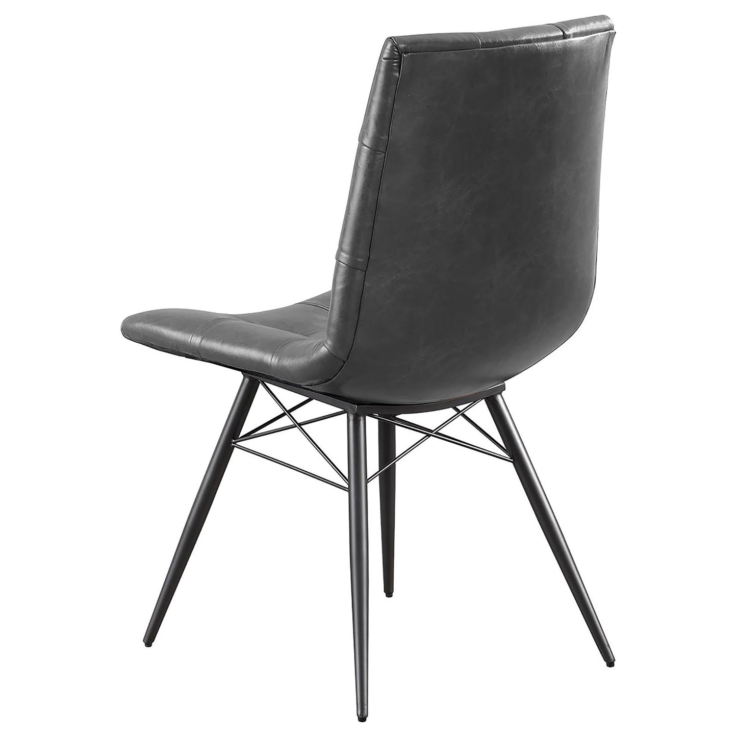Dark gray faux leather dining chair with tufted seat and black metal legs