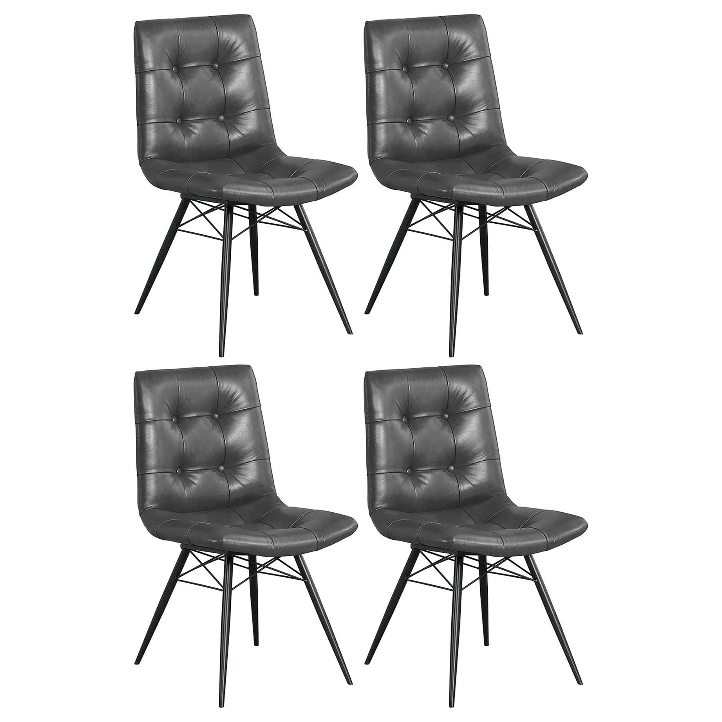 Set of four dark grey faux leather dining chairs with tufted backrests and black metal legs
